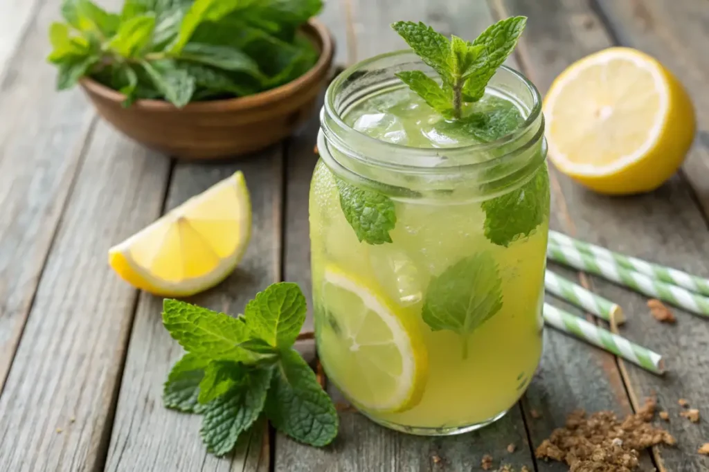 Glass of anti-inflammatory mint lemon juice with ice, garnished with fresh mint and lemon wheel on marble counter