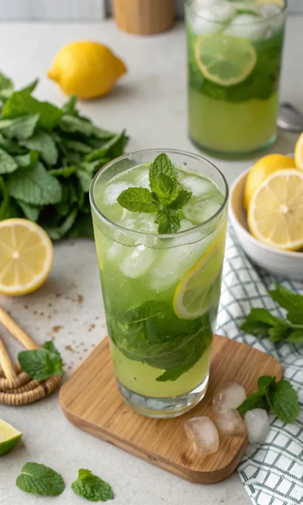Glass of anti-inflammatory mint lemon juice with ice, garnished with fresh mint and lemon wheel on marble counter