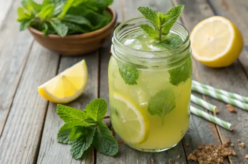 Glass of anti-inflammatory mint lemon juice with ice, garnished with fresh mint and lemon wheel on marble counter