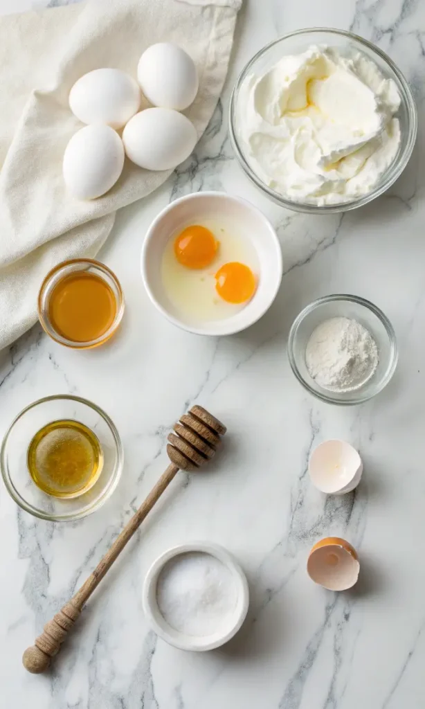 Simple keto cloud bread ingredients including eggs, cream cheese, and cream of tartar arranged on white marble counter