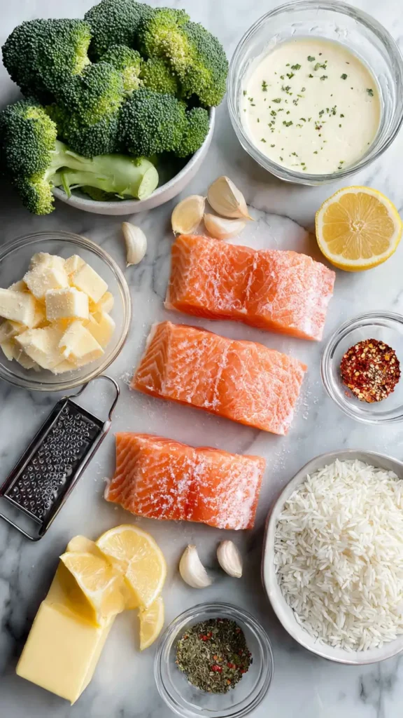 Fresh ingredients for creamy garlic salmon recipe including salmon fillets, heavy cream, garlic, Parmesan cheese, broccoli, and white rice