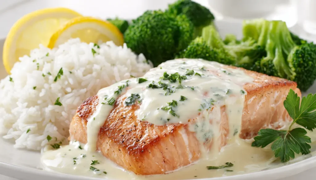 Creamy garlic salmon with rice and broccoli served on white plate with golden seared crust and ivory cream sauce