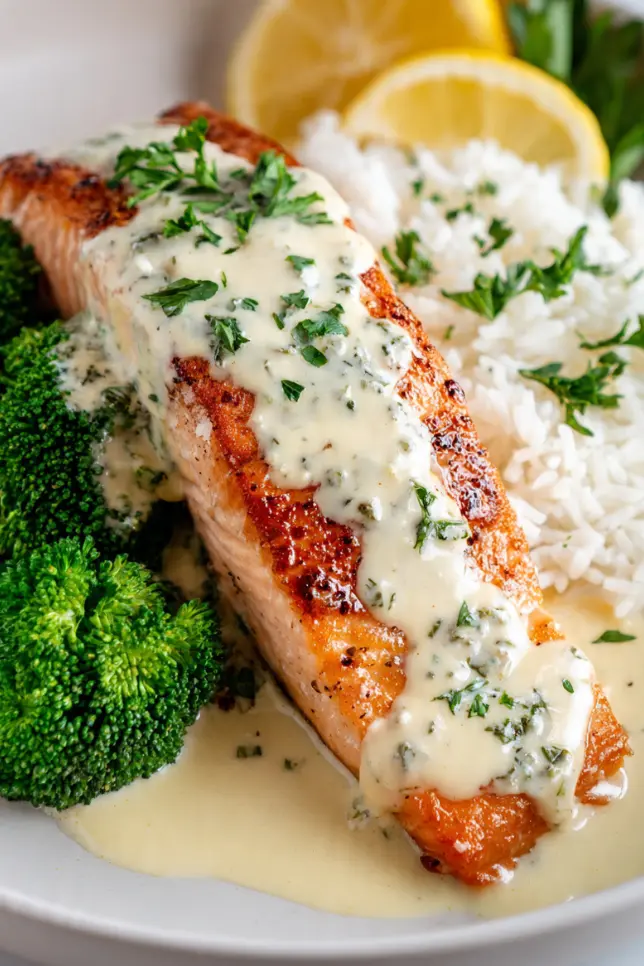 Creamy garlic salmon with rice and broccoli served on white plate with golden seared crust and ivory cream sauce