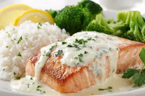 Creamy garlic salmon with rice and broccoli served on white plate with golden seared crust and ivory cream sauce