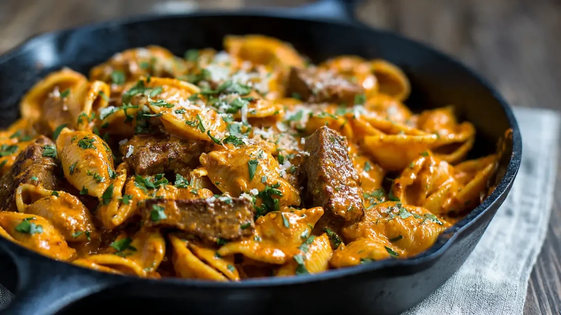 Creamy paprika steak shells pasta in cast iron skillet with tender beef pieces, rich cream sauce, and fresh parsley garnish