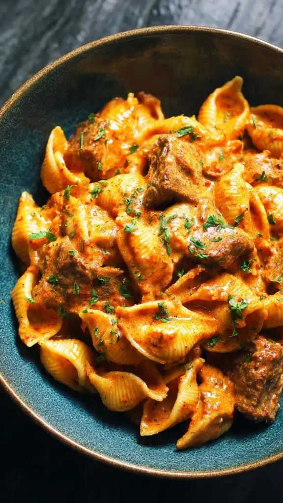 Creamy paprika steak shells pasta in cast iron skillet with tender beef pieces, rich cream sauce, and fresh parsley garnish