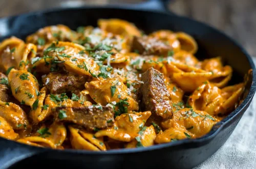 Creamy paprika steak shells pasta in cast iron skillet with tender beef pieces, rich cream sauce, and fresh parsley garnish