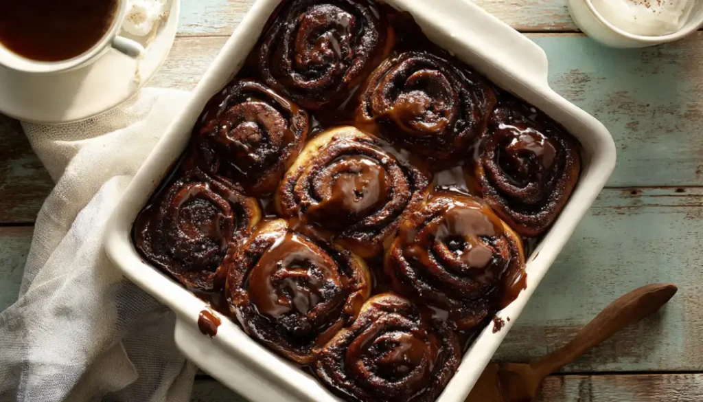 Freshly baked double chocolate rolls with chocolate glaze in white baking dish on rustic wooden table