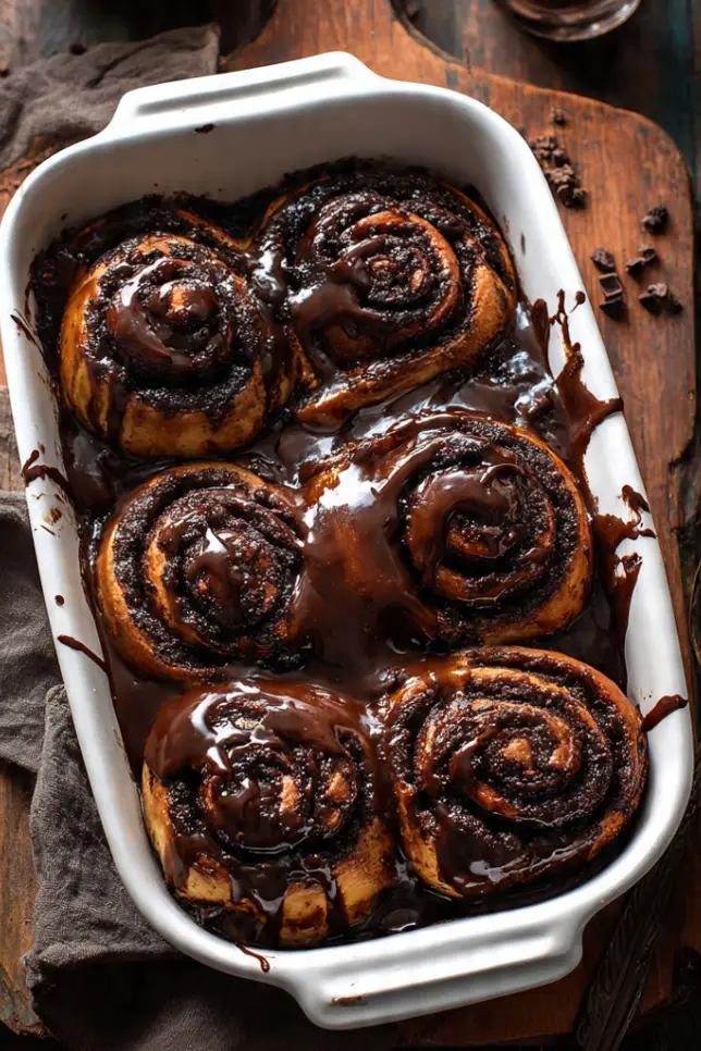 Freshly baked double chocolate rolls with chocolate glaze in white baking dish on rustic wooden table