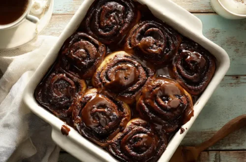 Freshly baked double chocolate rolls with chocolate glaze in white baking dish on rustic wooden table