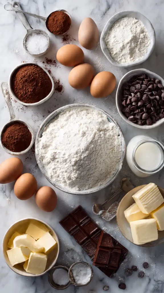 Baking ingredients for double chocolate rolls including flour, cocoa powder, chocolate chips, butter, and eggs on marble counter