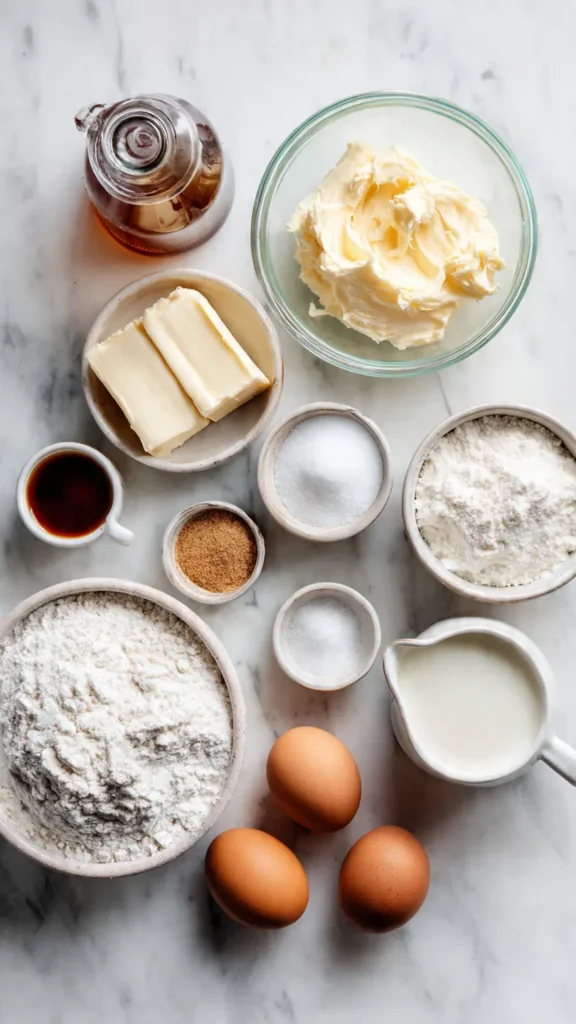 Southern caramel cake ingredients including butter, brown sugar, flour, eggs, and vanilla extract arranged on marble countertop