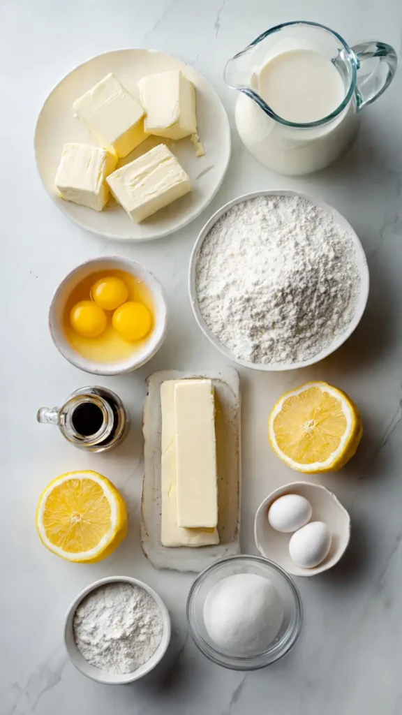 Japanese cheesecake ingredients laid out on marble countertop including cream cheese, eggs, butter, sugar, cake flour, and vanilla extract