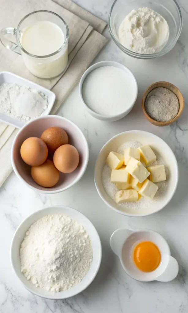 Simple ingredients for Japanese soufflé pancakes laid out on white marble counter including eggs, milk, flour, sugar, and vanilla extract