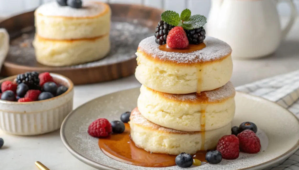 Stack of three tall fluffy Japanese soufflé pancakes with melting butter and maple syrup drizzling down the sides on a white plate