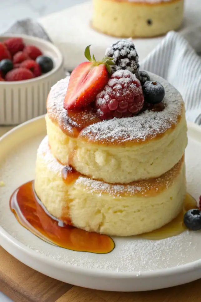 Stack of three tall fluffy Japanese soufflé pancakes with melting butter and maple syrup drizzling down the sides on a white plate