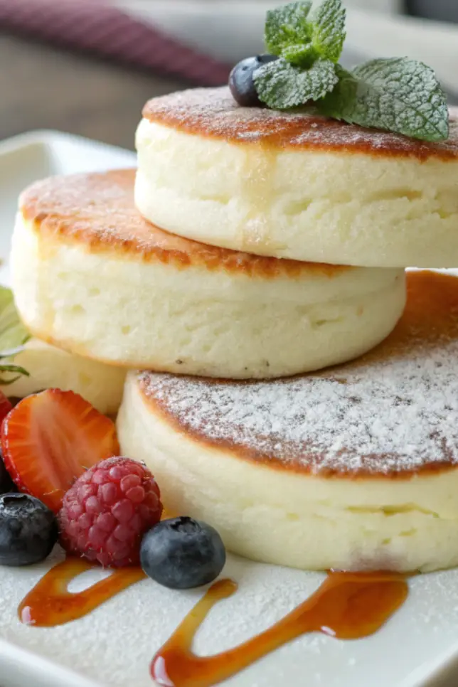 Stack of three tall fluffy Japanese soufflé pancakes with melting butter and maple syrup drizzling down the sides on a white plate