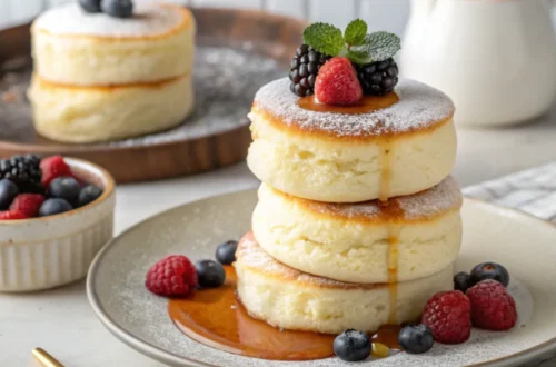 Stack of three tall fluffy Japanese soufflé pancakes with melting butter and maple syrup drizzling down the sides on a white plate