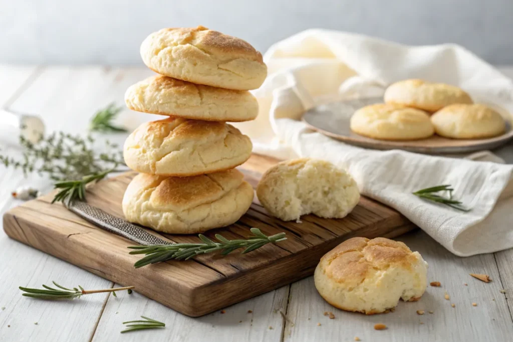 Stack of golden-brown keto cloud bread rounds on wooden board showing light and fluffy texture perfect for low-carb diet