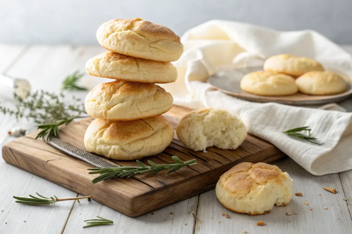 Stack of golden-brown keto cloud bread rounds on wooden board showing light and fluffy texture perfect for low-carb diet