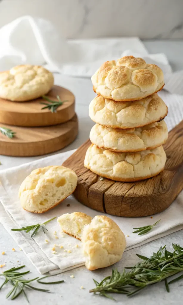 Stack of golden-brown keto cloud bread rounds on wooden board showing light and fluffy texture perfect for low-carb diet