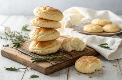 Stack of golden-brown keto cloud bread rounds on wooden board showing light and fluffy texture perfect for low-carb diet