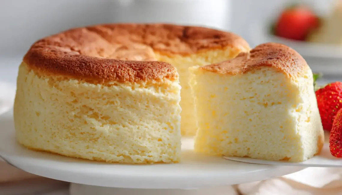 Fluffy Japanese cheesecake with golden top on white cake stand showing jiggly cotton-soft texture with slice being lifted