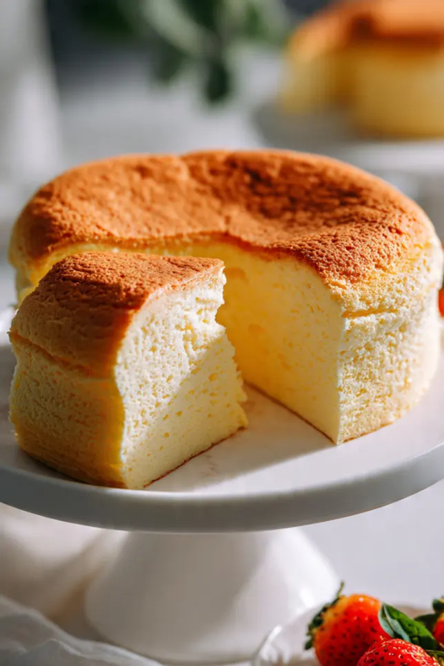 Fluffy Japanese cheesecake with golden top on white cake stand showing jiggly cotton-soft texture with slice being lifted