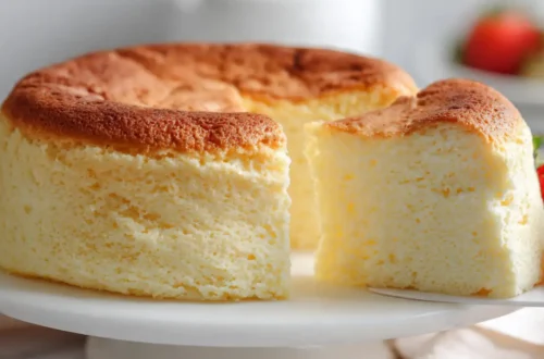 Fluffy Japanese cheesecake with golden top on white cake stand showing jiggly cotton-soft texture with slice being lifted
