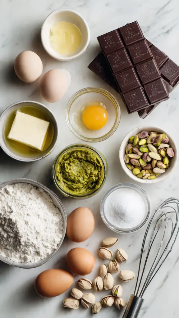 Ingredients for pistachio chocolate lava cakes arranged on marble surface including dark chocolate, pistachio paste, butter, and eggs