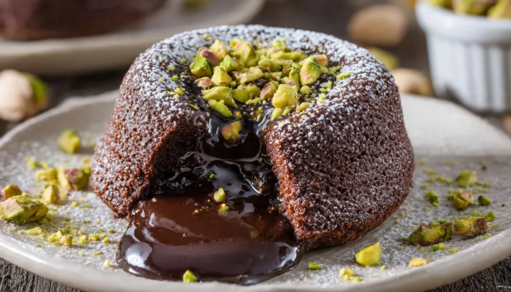 Pistachio chocolate lava cake with molten chocolate center flowing onto white plate garnished with crushed pistachios