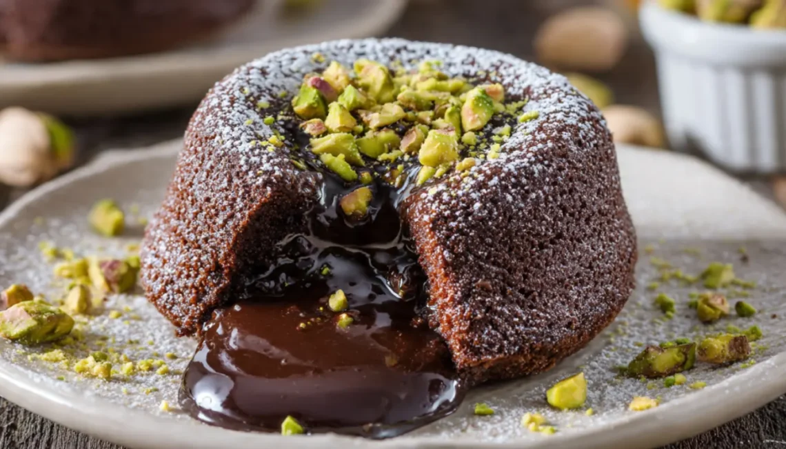 Pistachio chocolate lava cake with molten chocolate center flowing onto white plate garnished with crushed pistachios