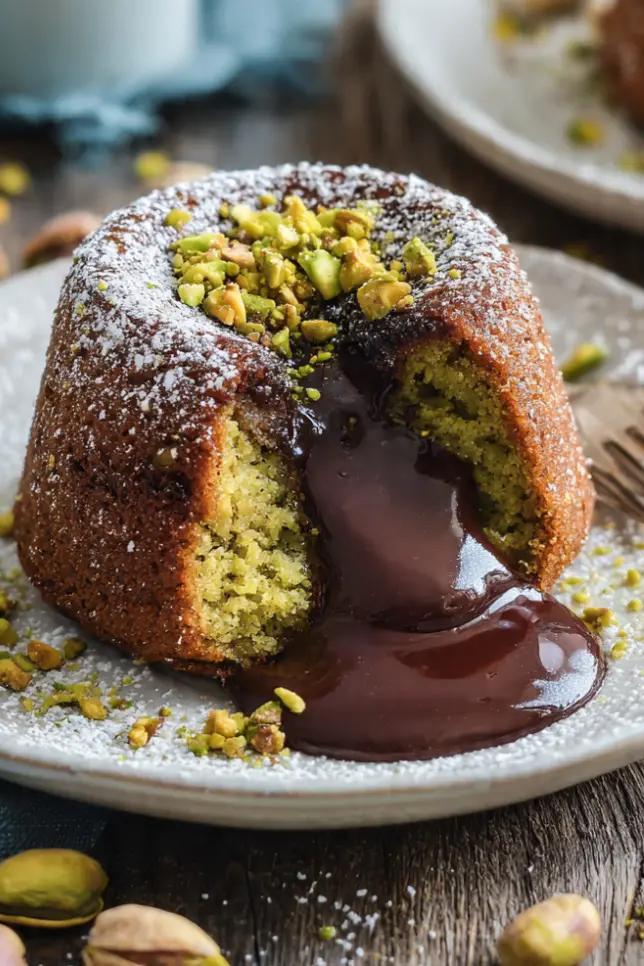 Pistachio chocolate lava cake with molten chocolate center flowing onto white plate garnished with crushed pistachios