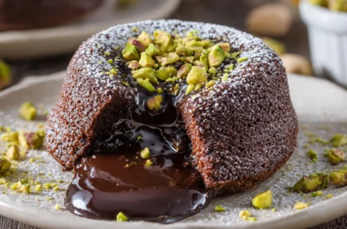 Pistachio chocolate lava cake with molten chocolate center flowing onto white plate garnished with crushed pistachios