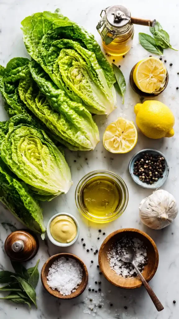 Fresh ingredients for simple green salad including lettuce, olive oil, lemon, and Dijon mustard on marble countertop