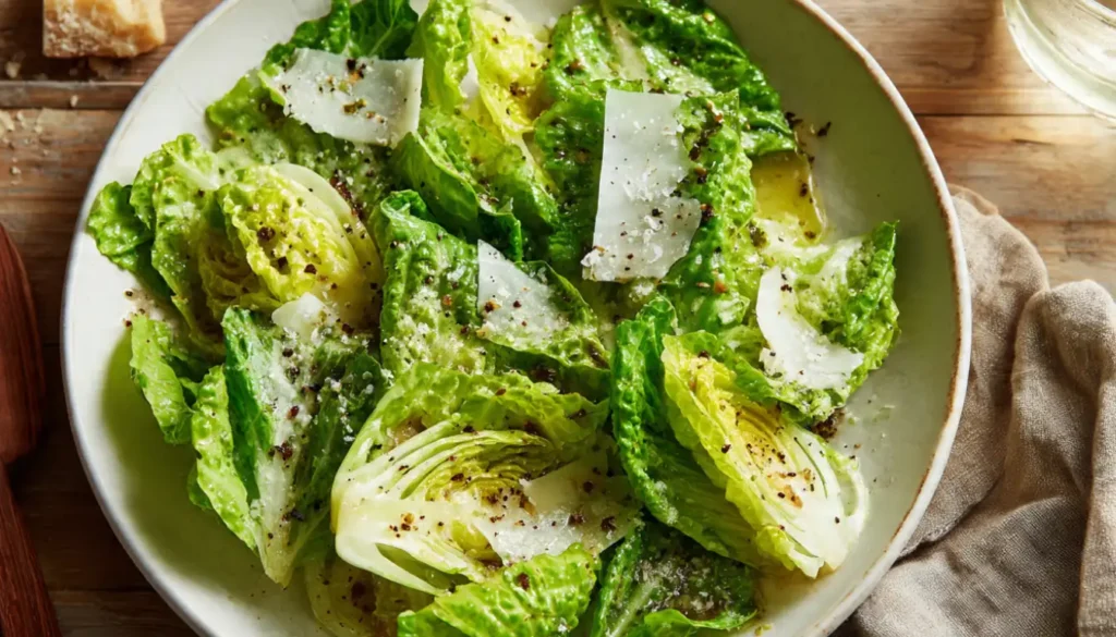Simple green salad with fresh lettuce, olive oil dressing, and shaved Parmesan cheese in a white bowl