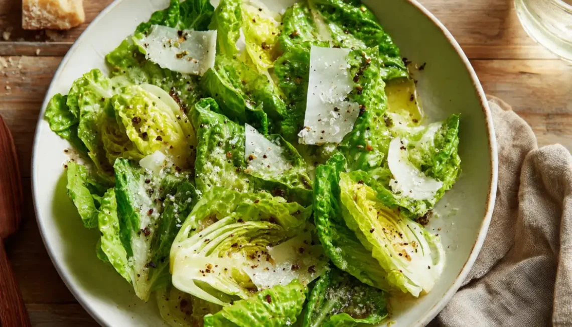 Simple green salad with fresh lettuce, olive oil dressing, and shaved Parmesan cheese in a white bowl