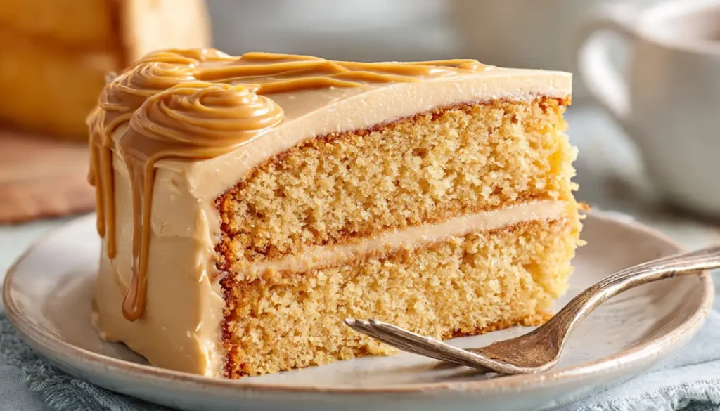 Two-layer Southern caramel cake with golden brown frosting and caramel drips on white cake stand