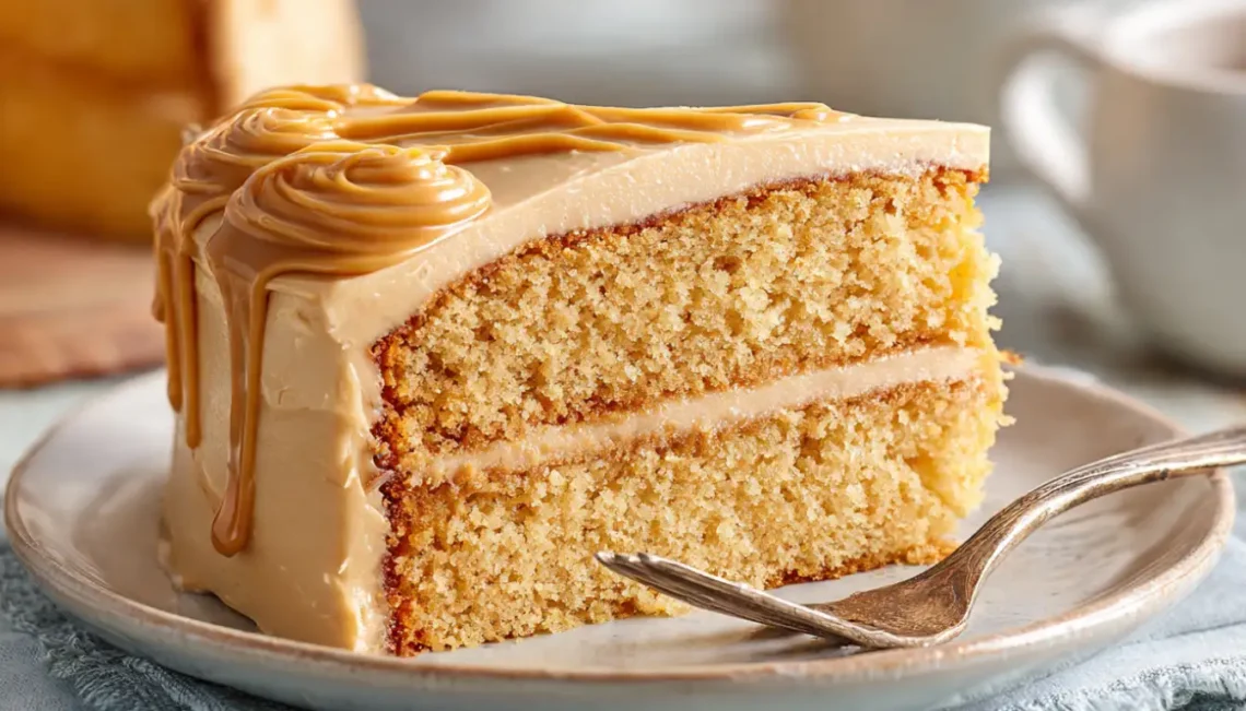Two-layer Southern caramel cake with golden brown frosting and caramel drips on white cake stand