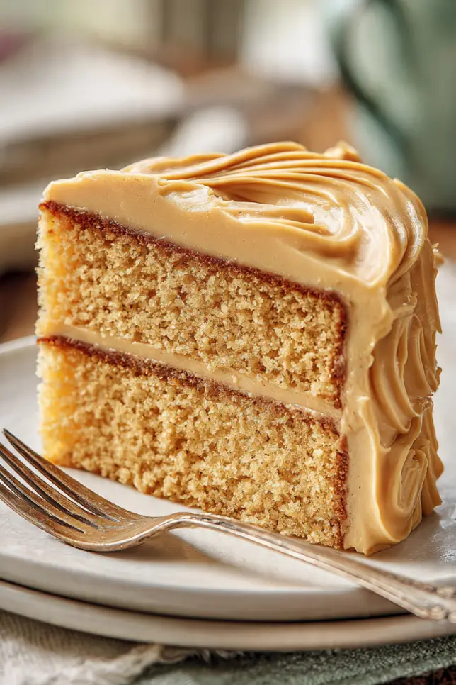 Two-layer Southern caramel cake with golden brown frosting and caramel drips on white cake stand