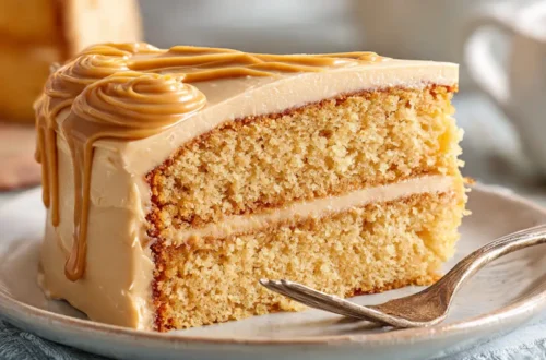 Two-layer Southern caramel cake with golden brown frosting and caramel drips on white cake stand