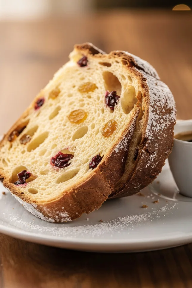 Golden homemade panettone in a paper mold sliced open on a rustic wooden table showing soft crumb with dried cranberries and candied orange peel, surrounded by fresh oranges and holiday decorations