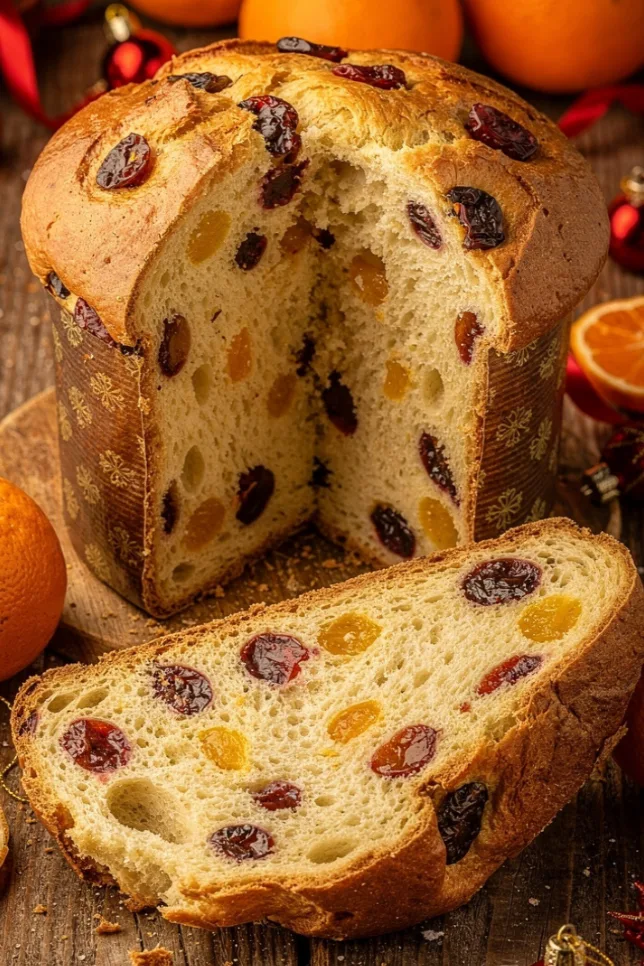 Golden homemade panettone in a paper mold sliced open on a rustic wooden table showing soft crumb with dried cranberries and candied orange peel, surrounded by fresh oranges and holiday decorations