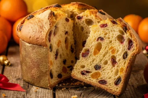 Golden homemade panettone in a paper mold sliced open on a rustic wooden table showing soft crumb with dried cranberries and candied orange peel, surrounded by fresh oranges and holiday decorations