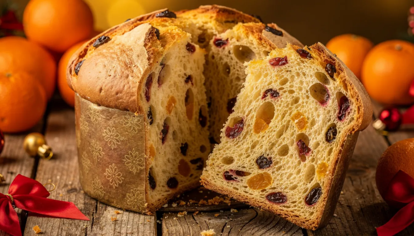 Golden homemade panettone in a paper mold sliced open on a rustic wooden table showing soft crumb with dried cranberries and candied orange peel, surrounded by fresh oranges and holiday decorations