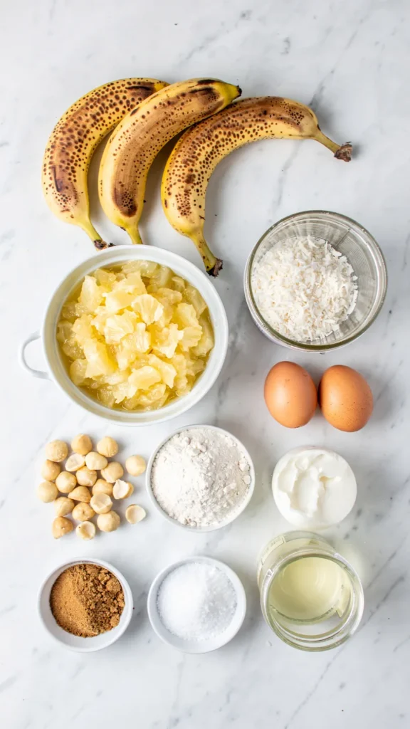 Overhead view of all Hawaiian banana bread ingredients on white marble including spotted bananas, crushed pineapple, coconut flakes, macadamia nuts, eggs, and coconut oil
