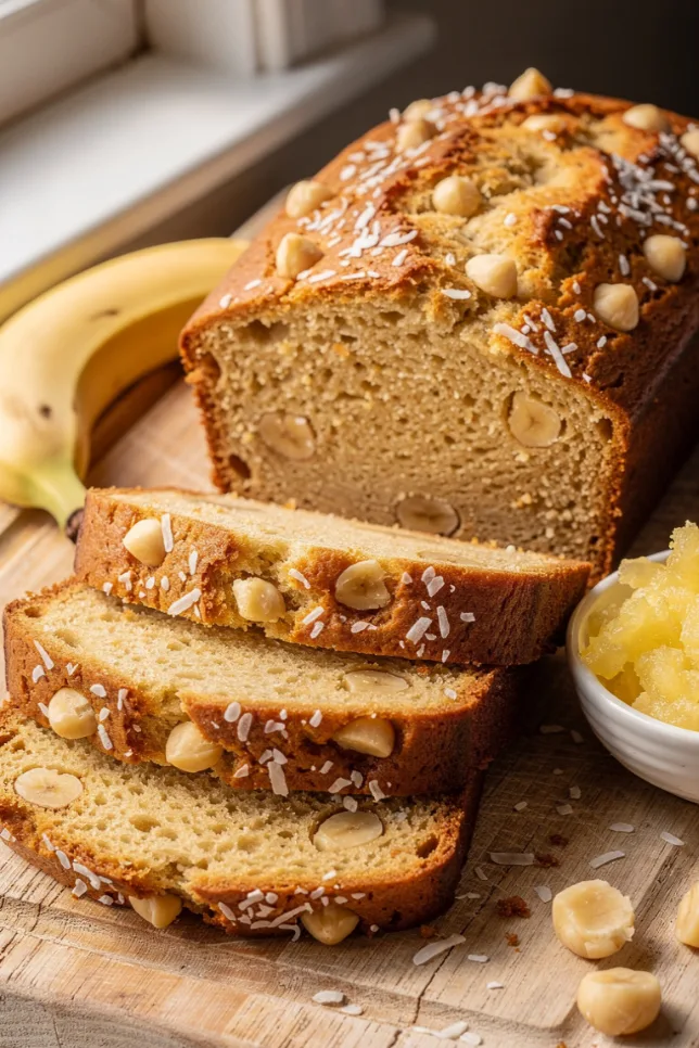 Sliced Hawaiian banana bread loaf on wooden cutting board showing moist golden interior with coconut flakes and macadamia nuts