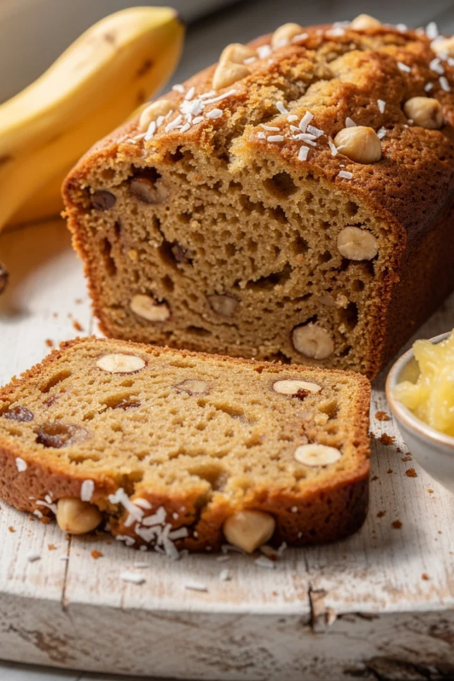 Sliced Hawaiian banana bread loaf on wooden cutting board showing moist golden interior with coconut flakes and macadamia nuts