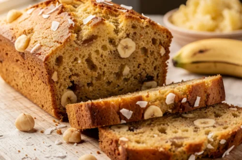 Sliced Hawaiian banana bread loaf on wooden cutting board showing moist golden interior with coconut flakes and macadamia nuts