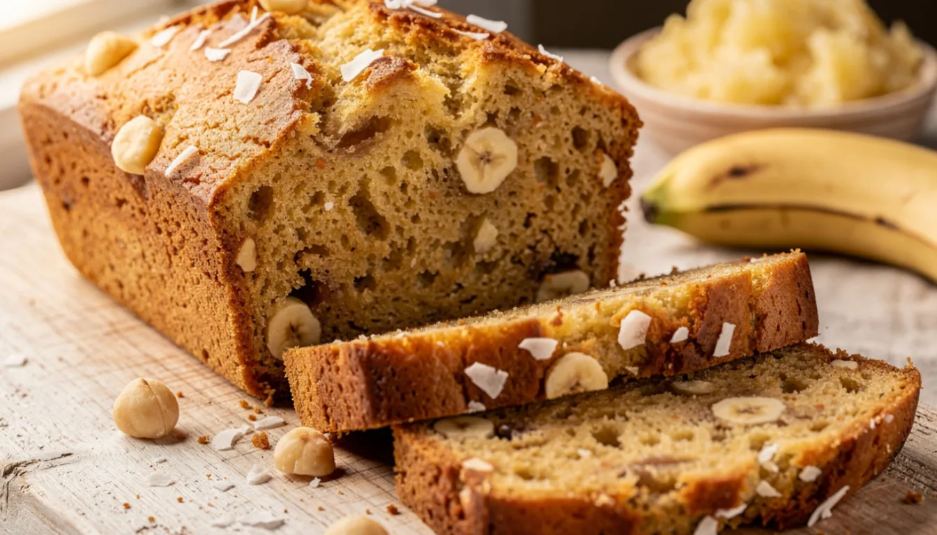 Sliced Hawaiian banana bread loaf on wooden cutting board showing moist golden interior with coconut flakes and macadamia nuts
